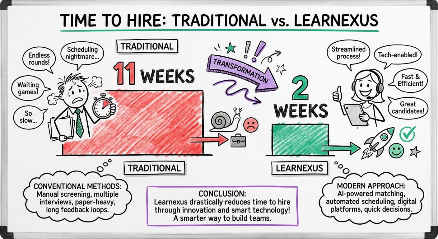 Time to hire comparison: Traditional hiring takes 11 weeks vs Learnexus takes 2 weeks